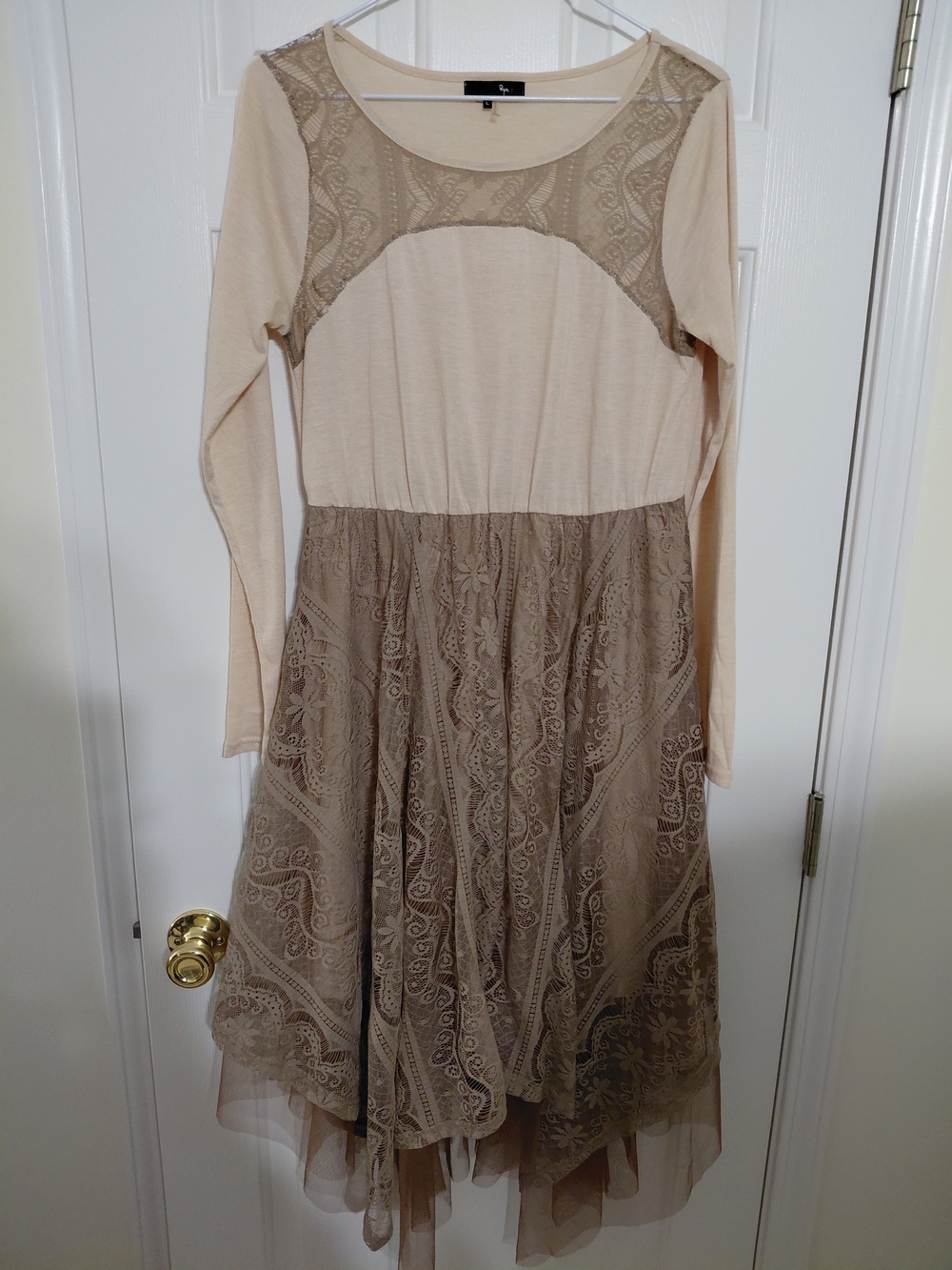 Ryu Beige Long Sleeve Lace Panel Dress